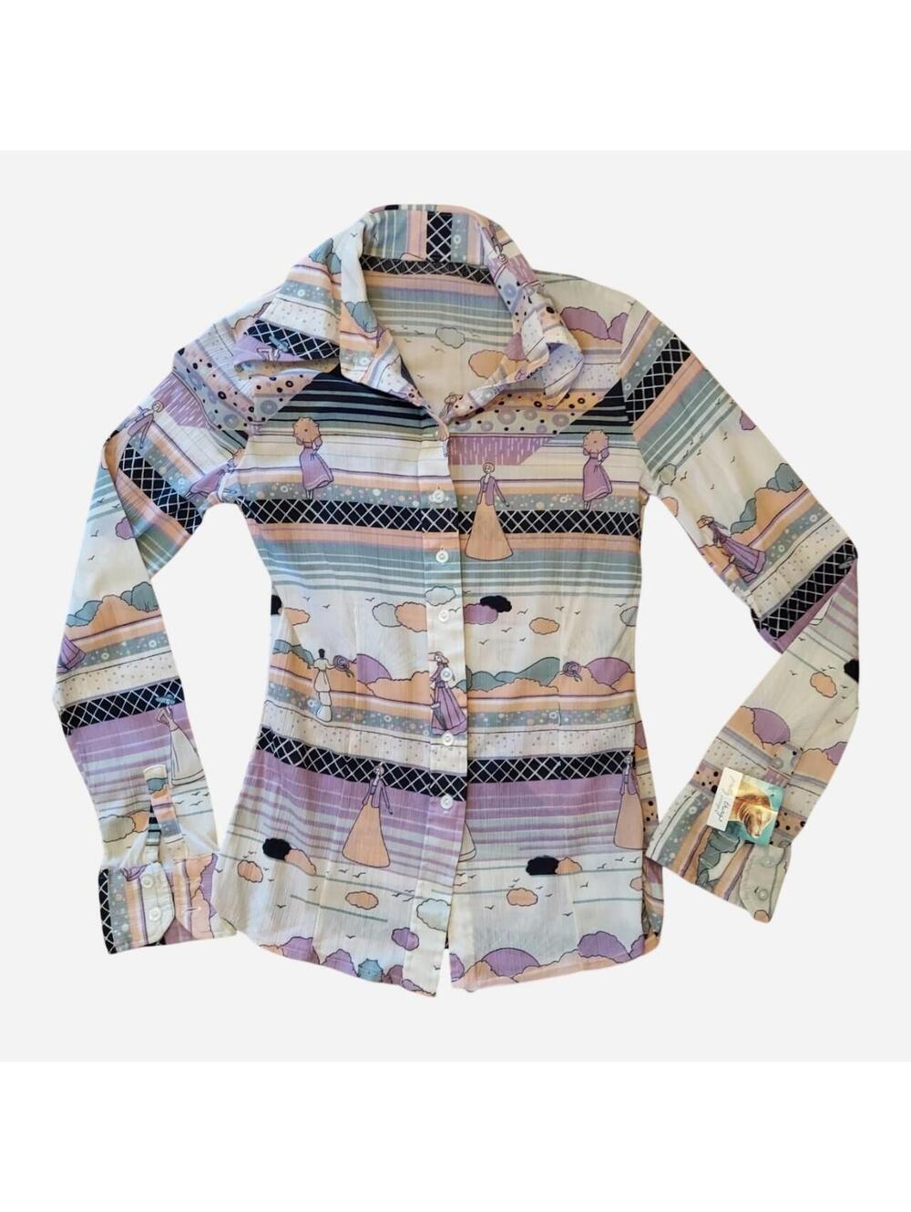 Multi-colored button-up shirt with graphic of women in dresses